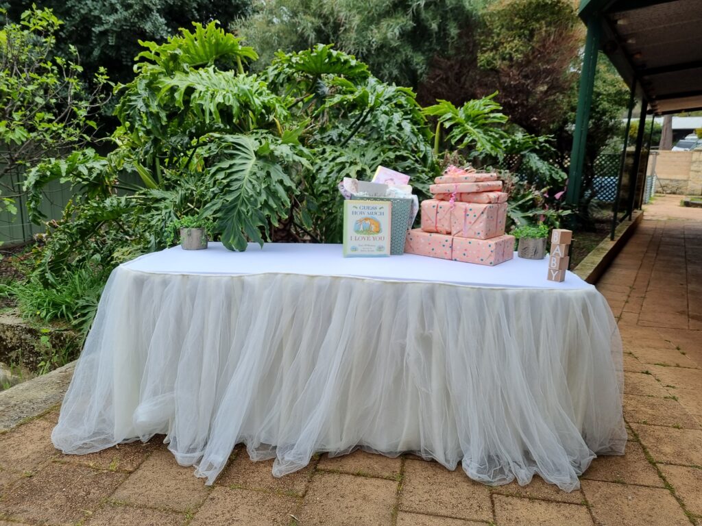 Tablecloths and table skirt by A Party to Remember